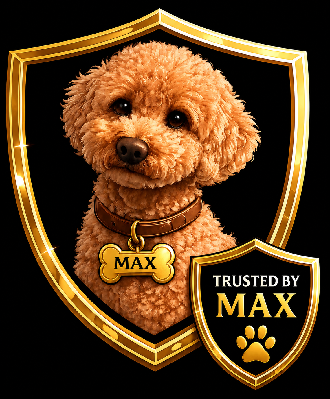 Max, a golden dog in a gold shield with a Trusted by Max badge